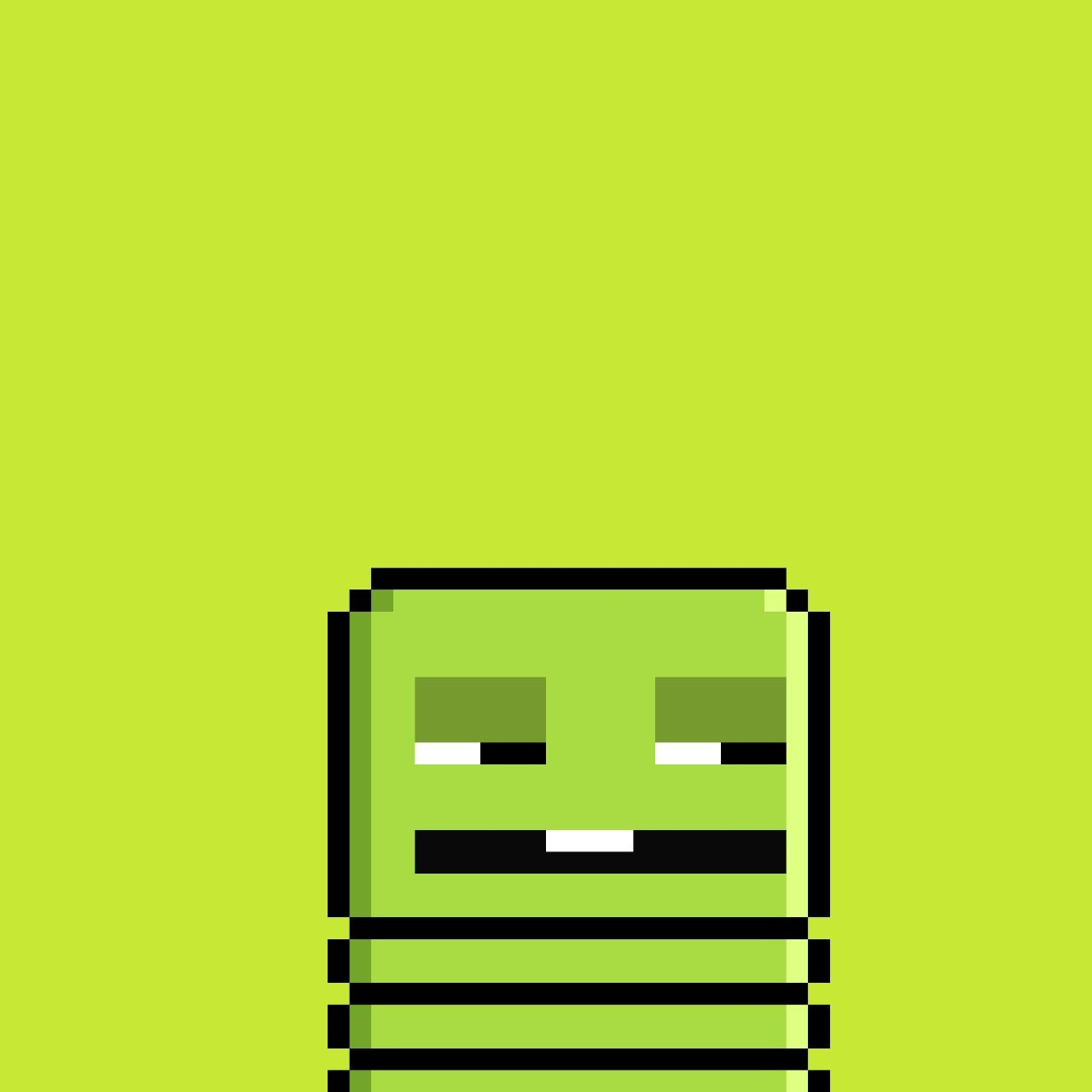 A lime Gooie with droopy eyes and one tooth